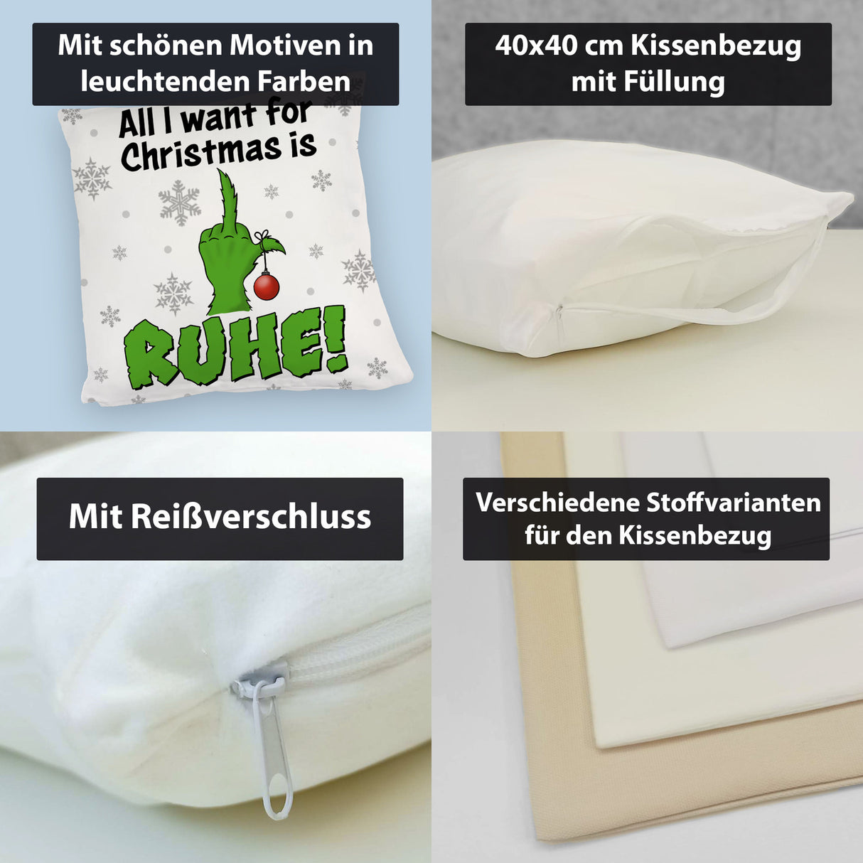 Weihnachtsmuffel Kissen mit Spruch All I want for Christmas is Ruhe