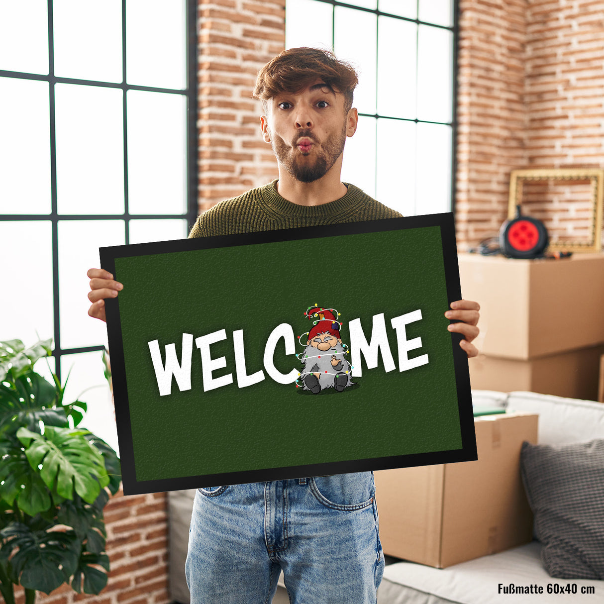 Grimmiger Wichtel Fußmatte in 35x50 cm mit Spruch Welcome