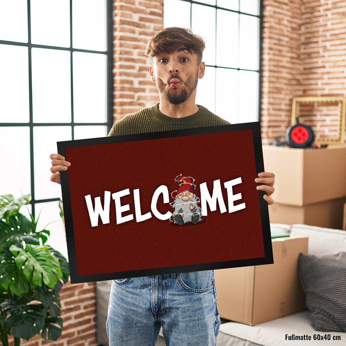 Grimmiger Wichtel Fußmatte in 35x50 cm mit Spruch Welcome