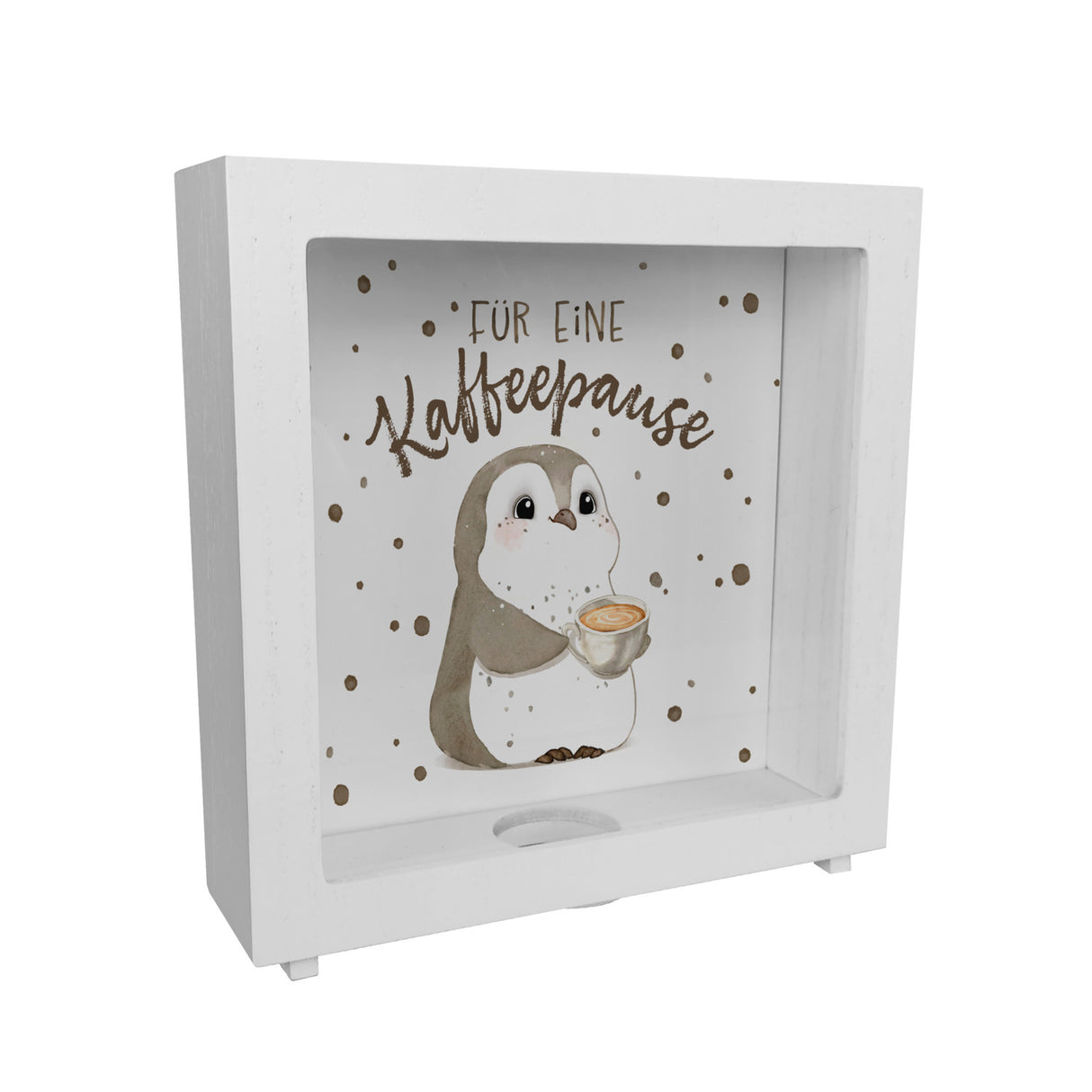 Pinguin mit Cappuccino Spardose mit Spruch Für eine Kaffeepause