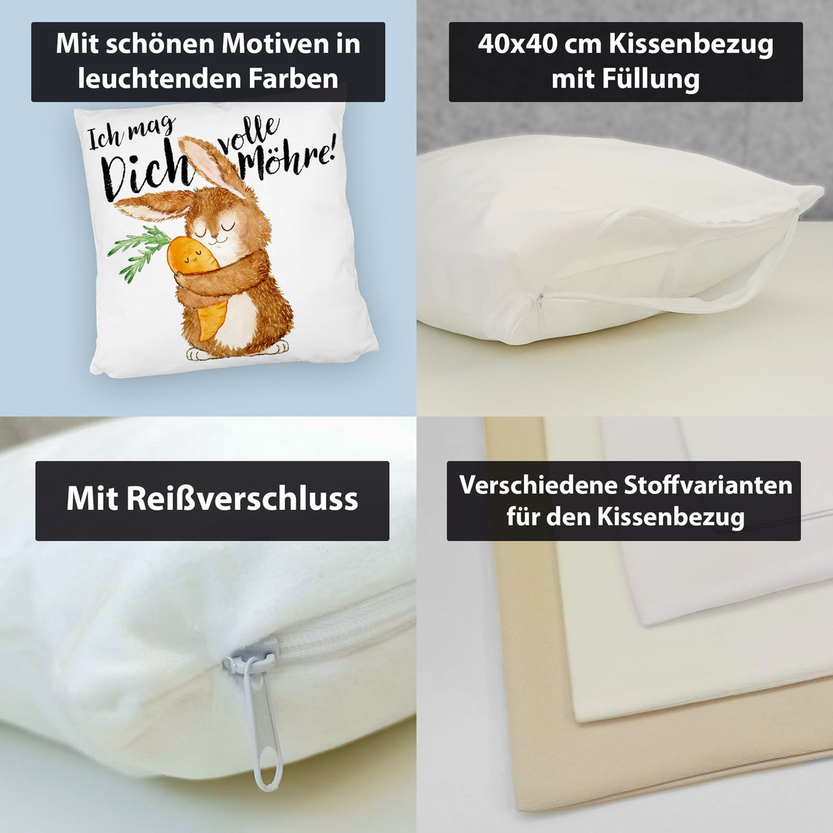 Hase Kissen mit Spruch Ich mag dich volle Möhre