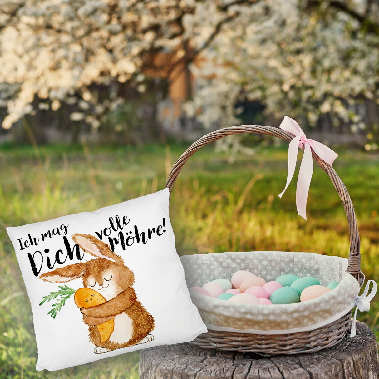 Hase Kissen mit Spruch Ich mag dich volle Möhre