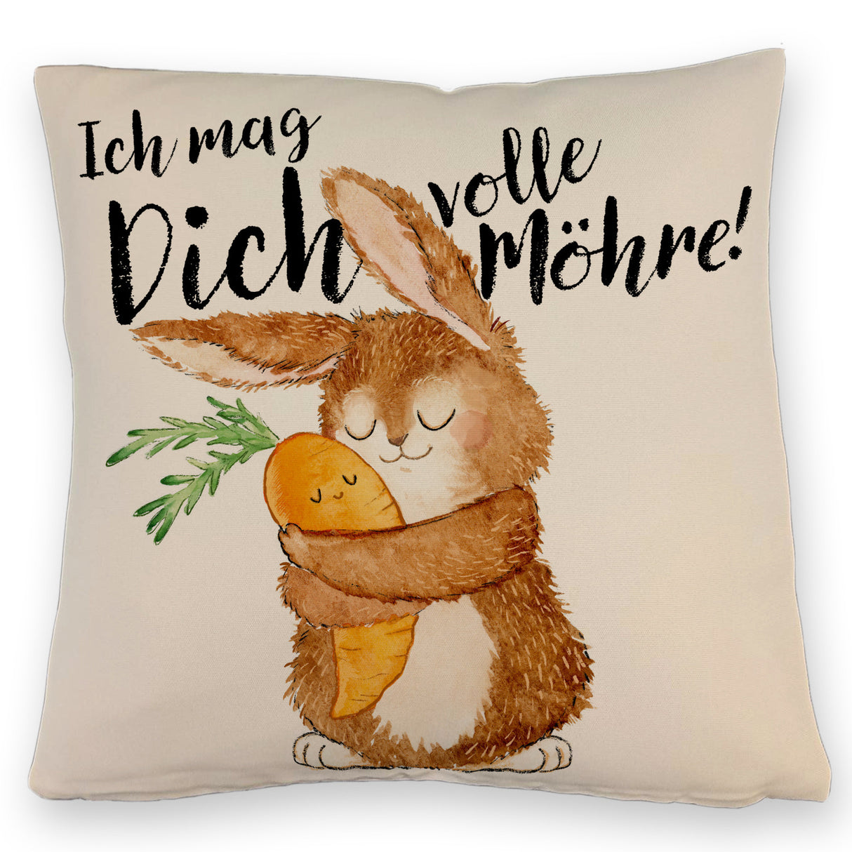 Hase Kissen mit Spruch Ich mag dich volle Möhre