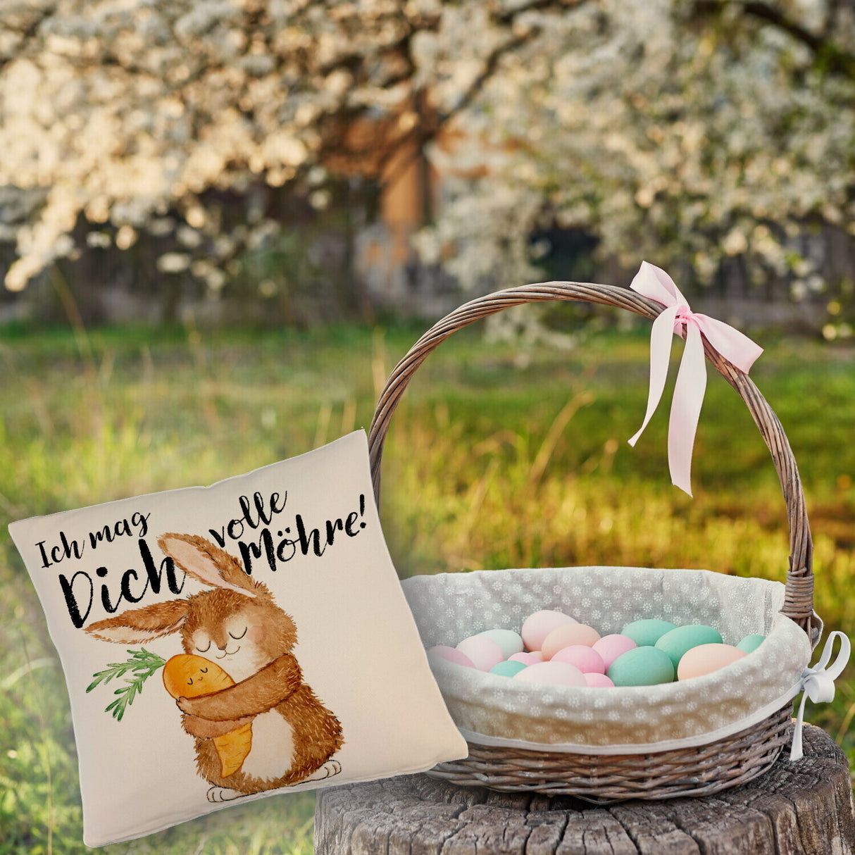 Hase Kissen mit Spruch Ich mag dich volle Möhre