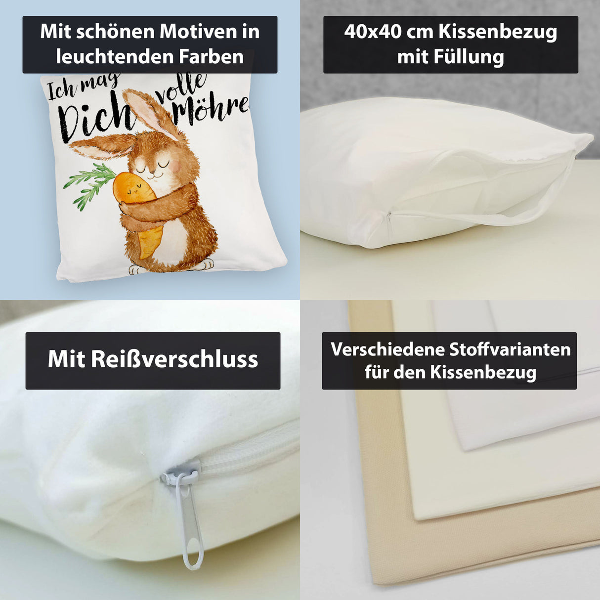 Hase Kissen mit Spruch Ich mag dich volle Möhre
