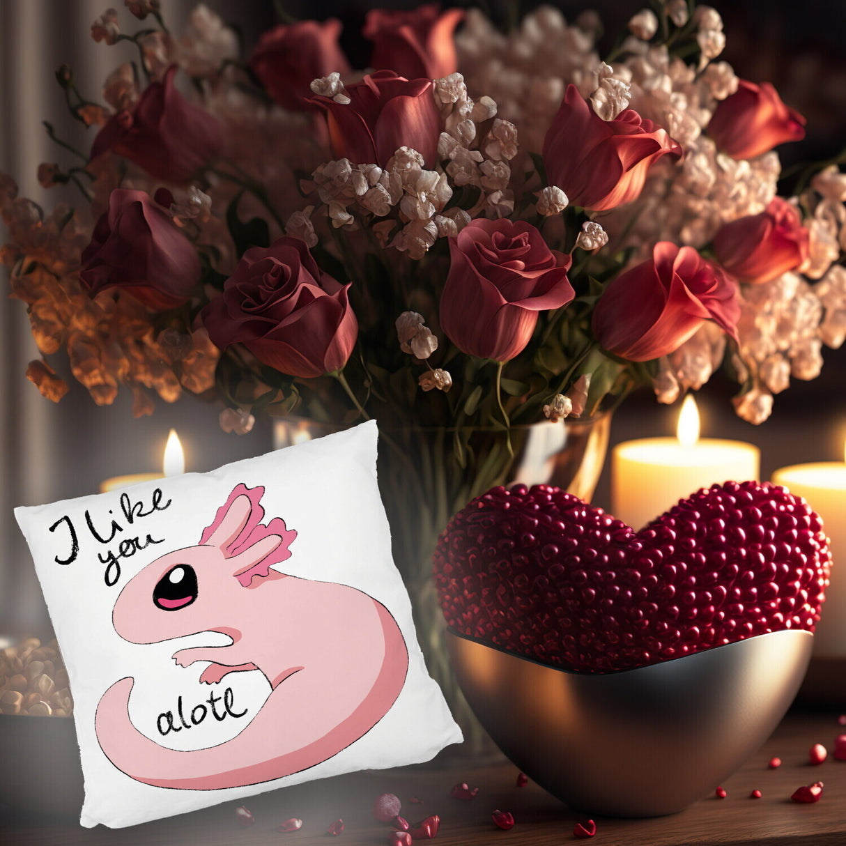 Axolotl Kissen in rosa mit Spruch I like you alotl