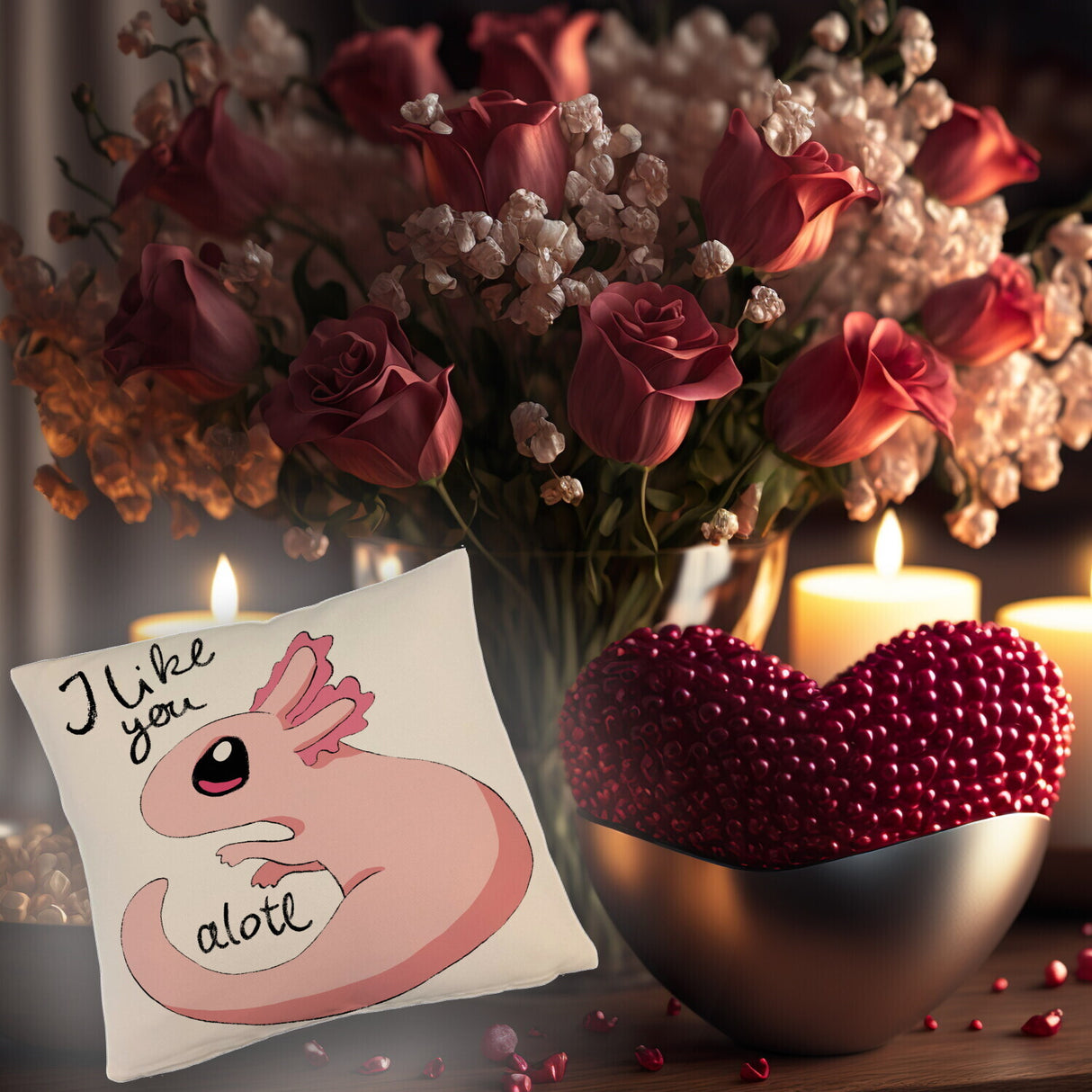 Axolotl Kissen in rosa mit Spruch I like you alotl