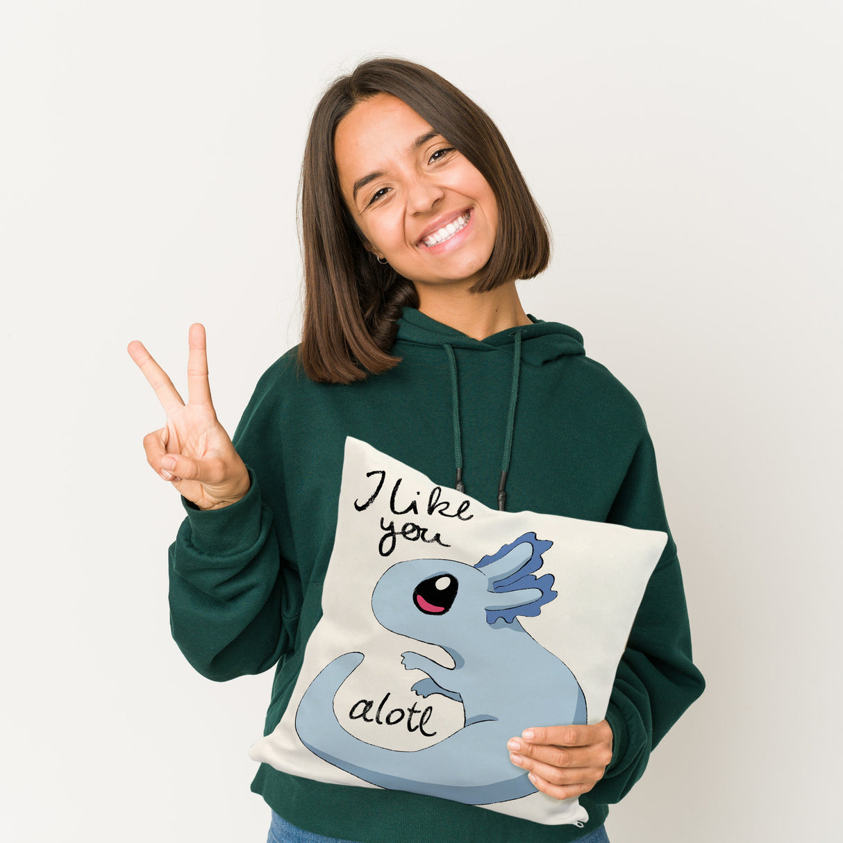Axolotl Kissen in rosa mit Spruch I like you alotl