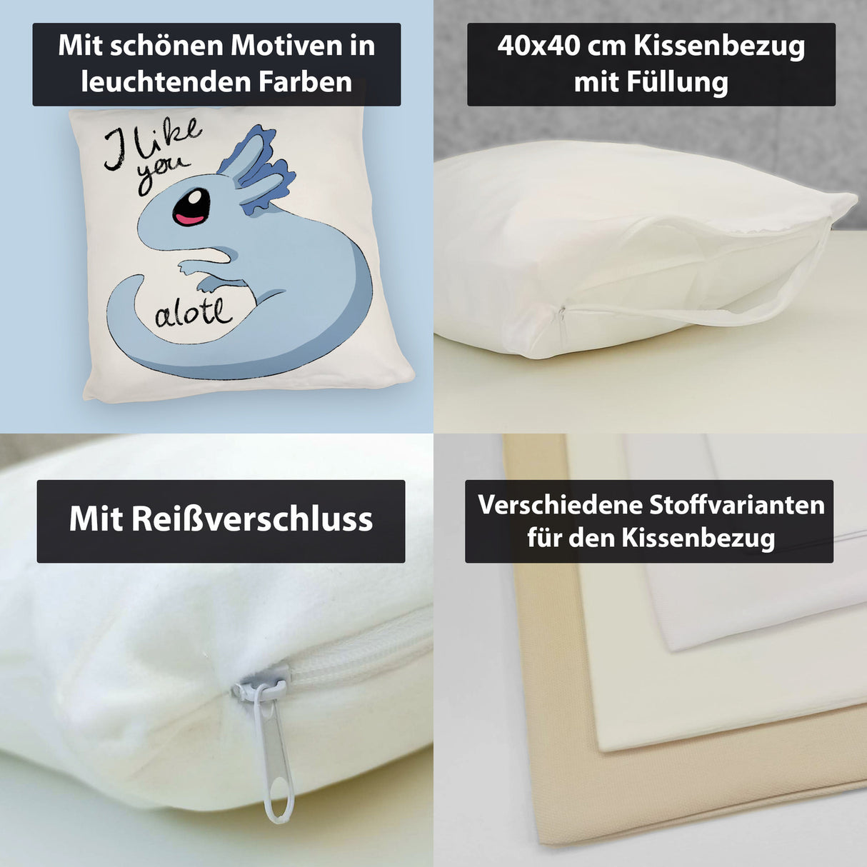 Axolotl Kissen in rosa mit Spruch I like you alotl