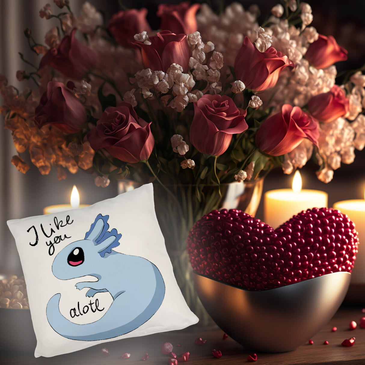 Axolotl Kissen in rosa mit Spruch I like you alotl