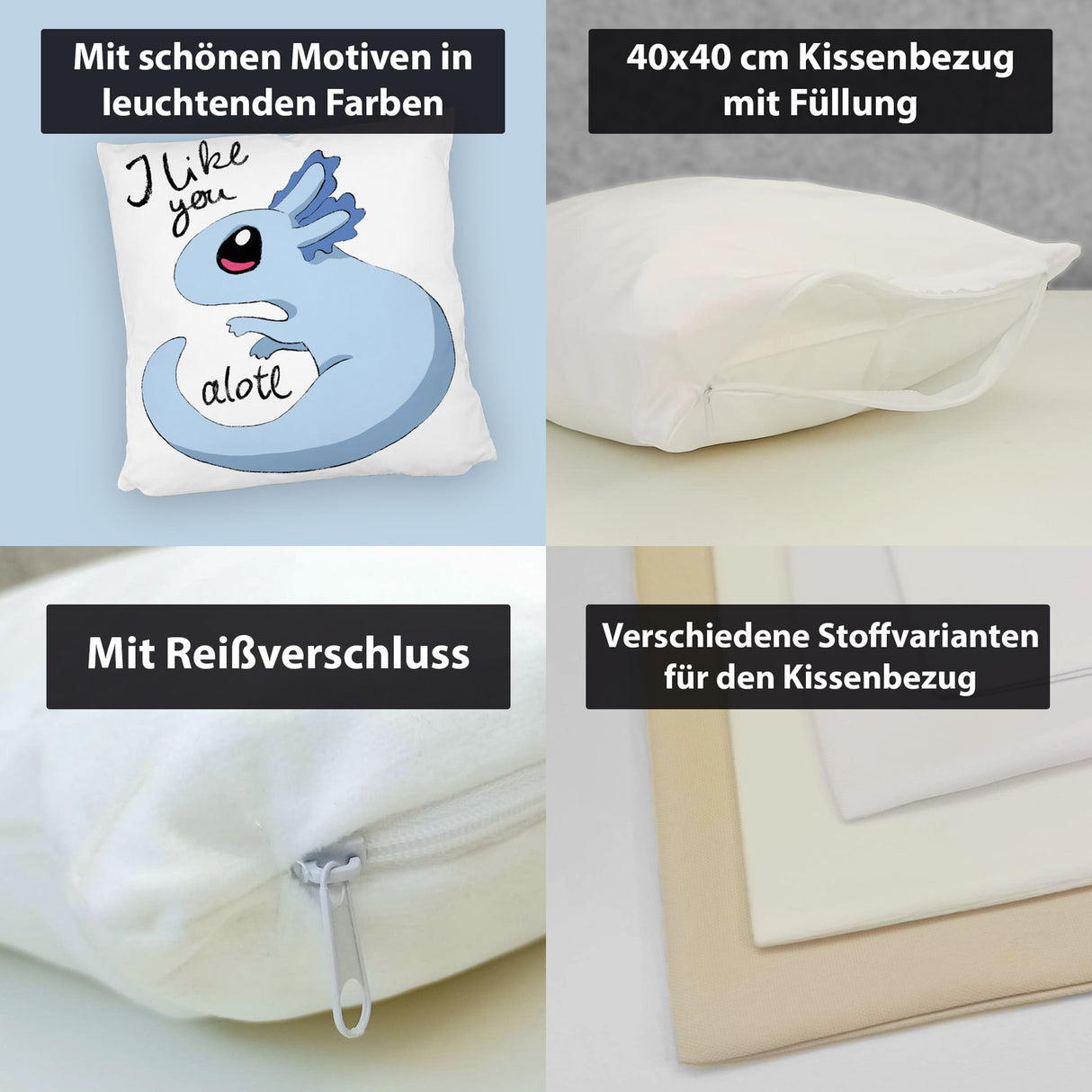 Axolotl Kissen in rosa mit Spruch I like you alotl