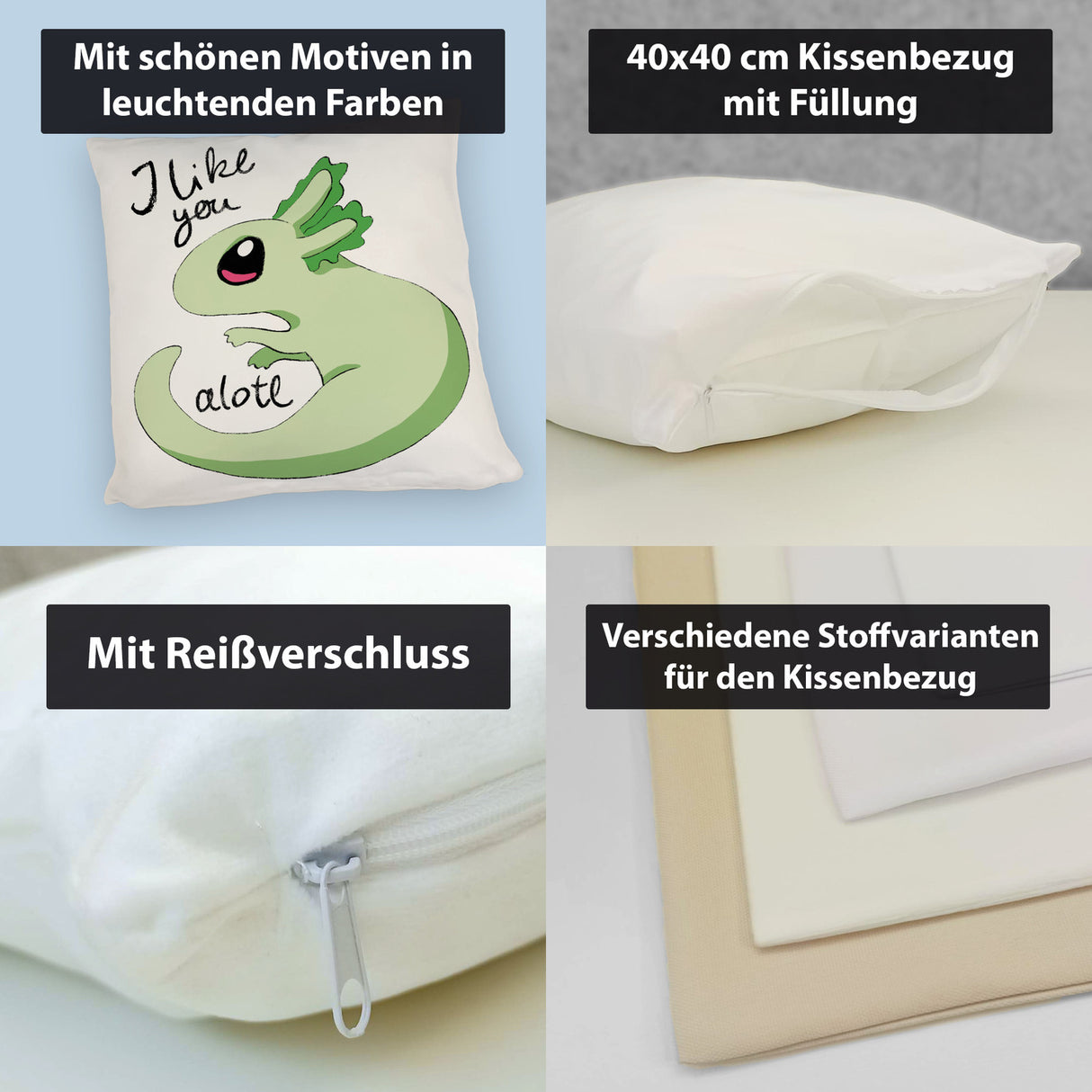 Axolotl Kissen in rosa mit Spruch I like you alotl