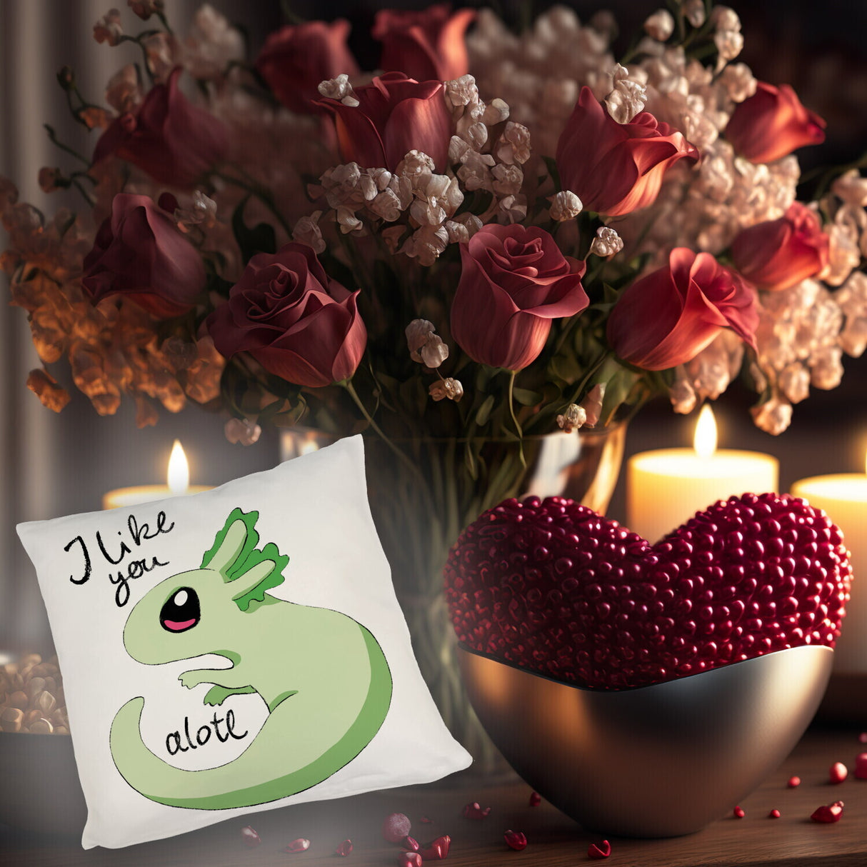 Axolotl Kissen in rosa mit Spruch I like you alotl
