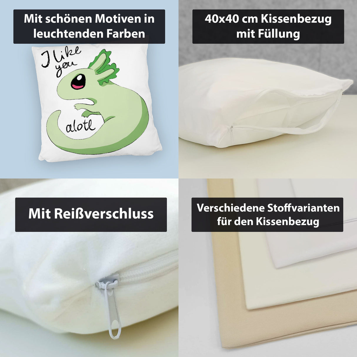 Axolotl Kissen in rosa mit Spruch I like you alotl