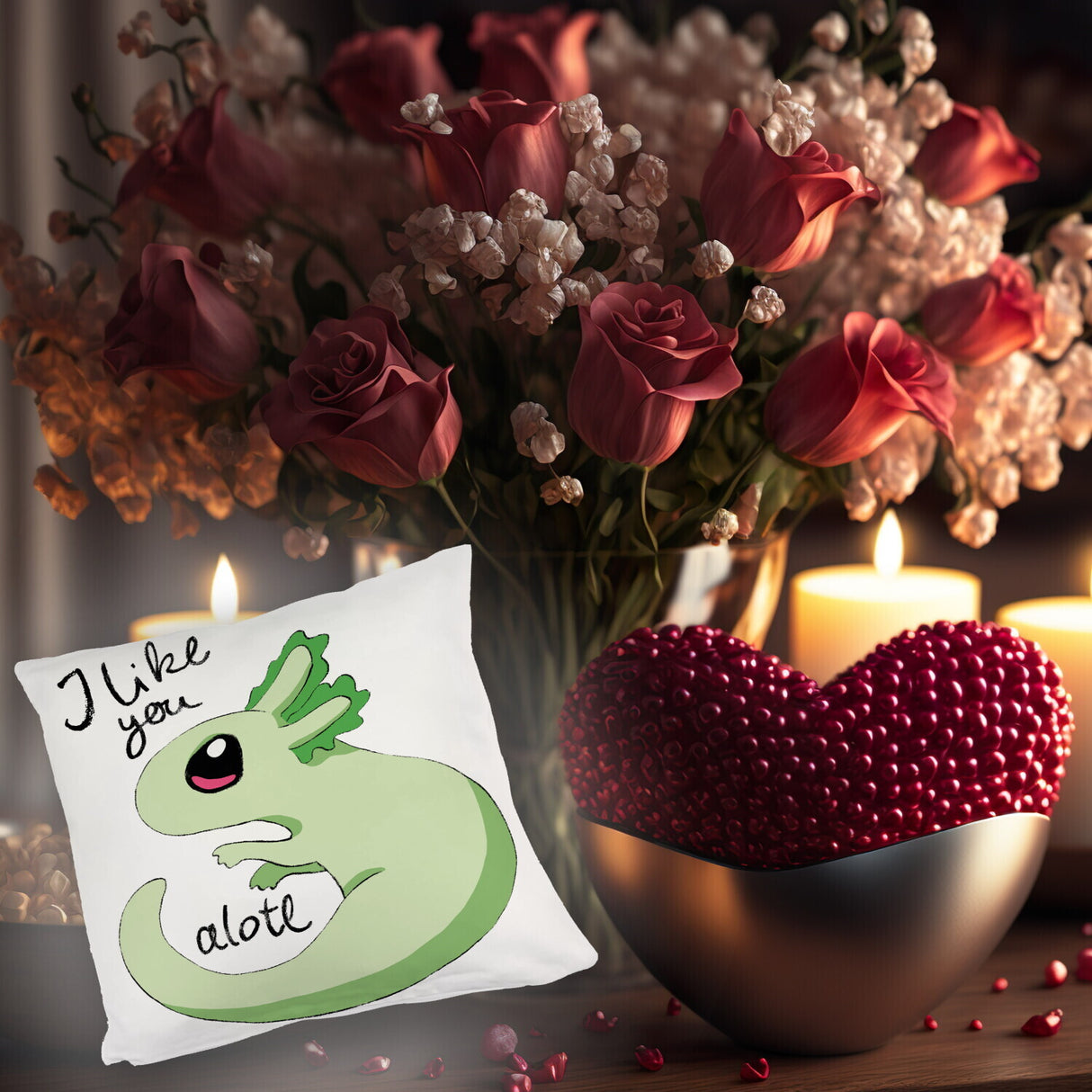 Axolotl Kissen in rosa mit Spruch I like you alotl