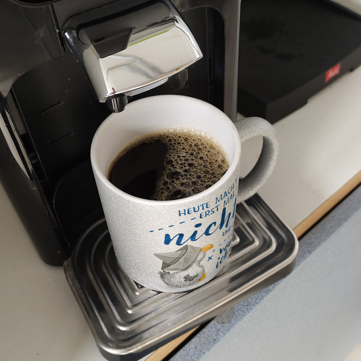 Möwe Kaffeebecher mit Spruch Heute mach ich erst mal nichts