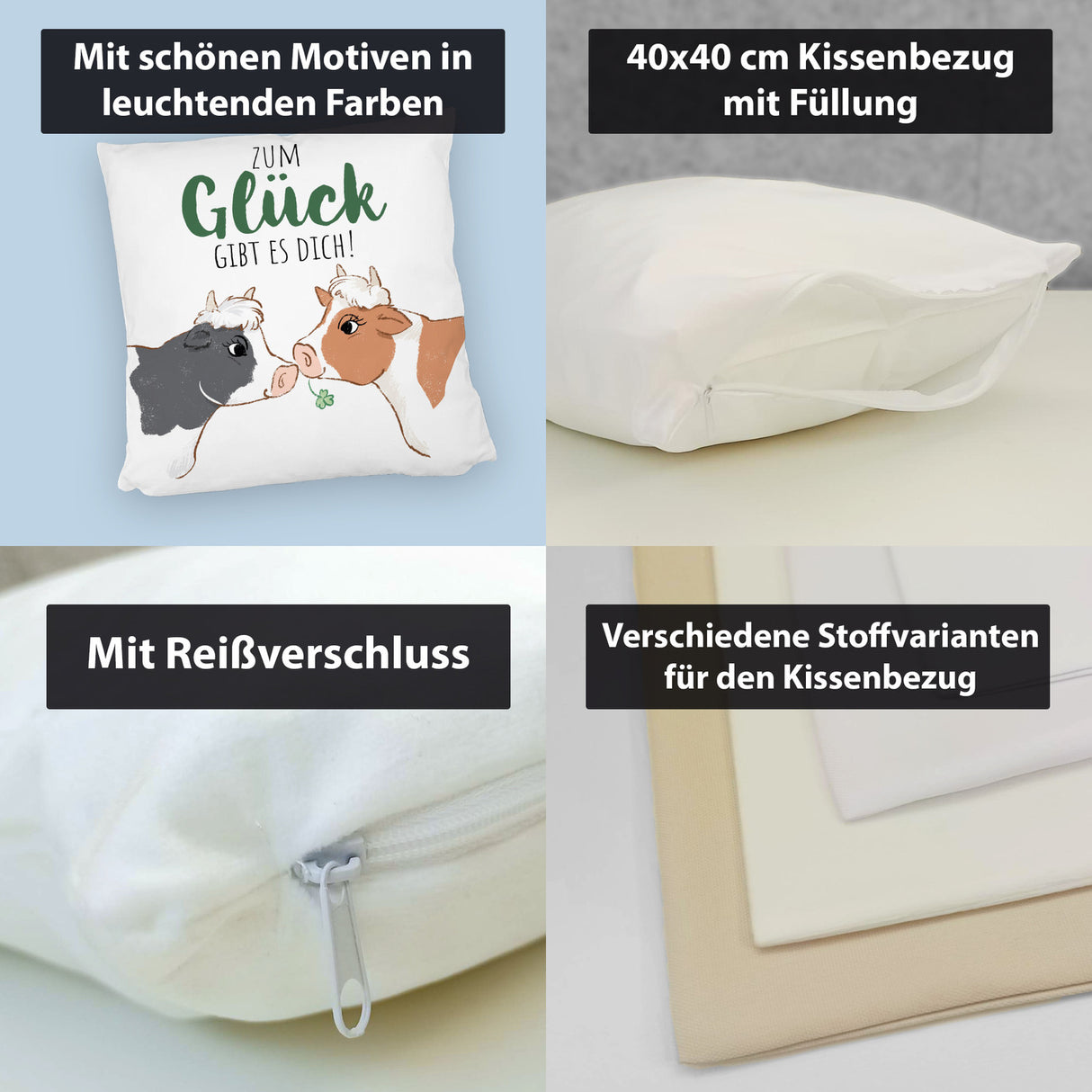 Kuh-Paar Kissen mit Spruch Zum Glück gibt es dich