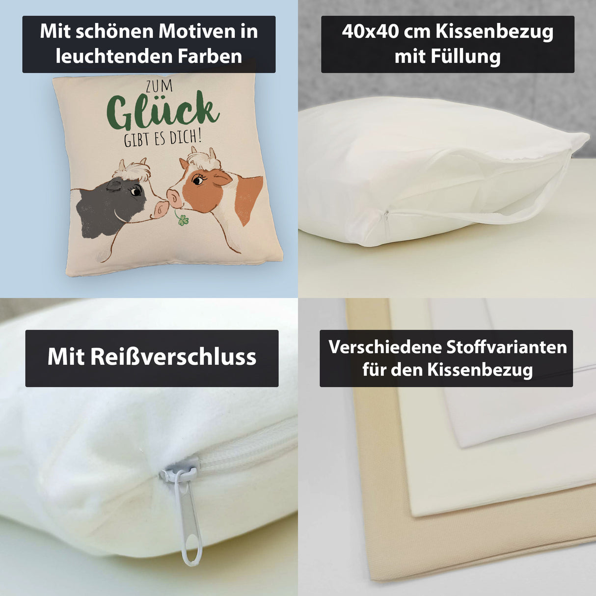 Kuh-Paar Kissen mit Spruch Zum Glück gibt es dich