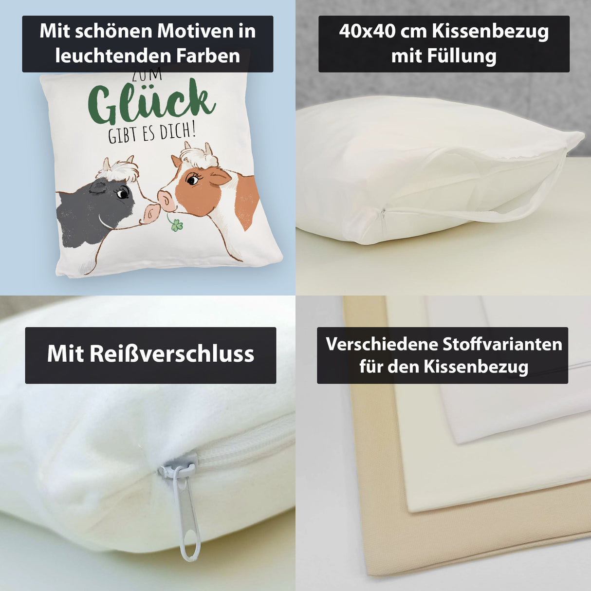 Kuh-Paar Kissen mit Spruch Zum Glück gibt es dich