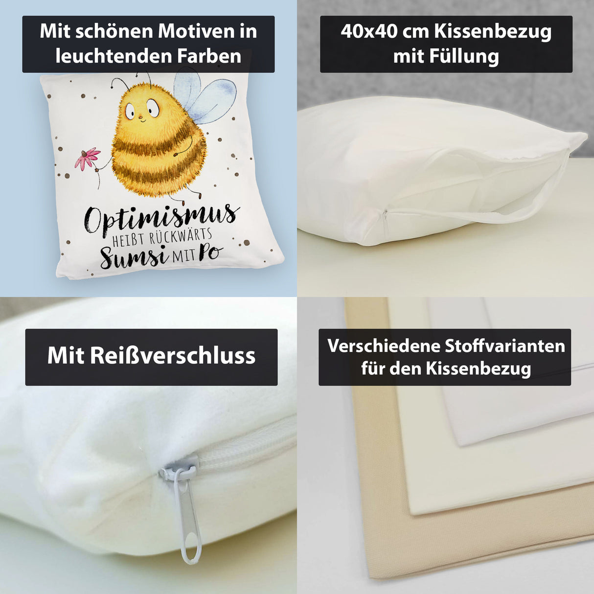 Pummel Biene Kissen mit Spruch Optimismus heißt rückwärts Sumsi mit Po