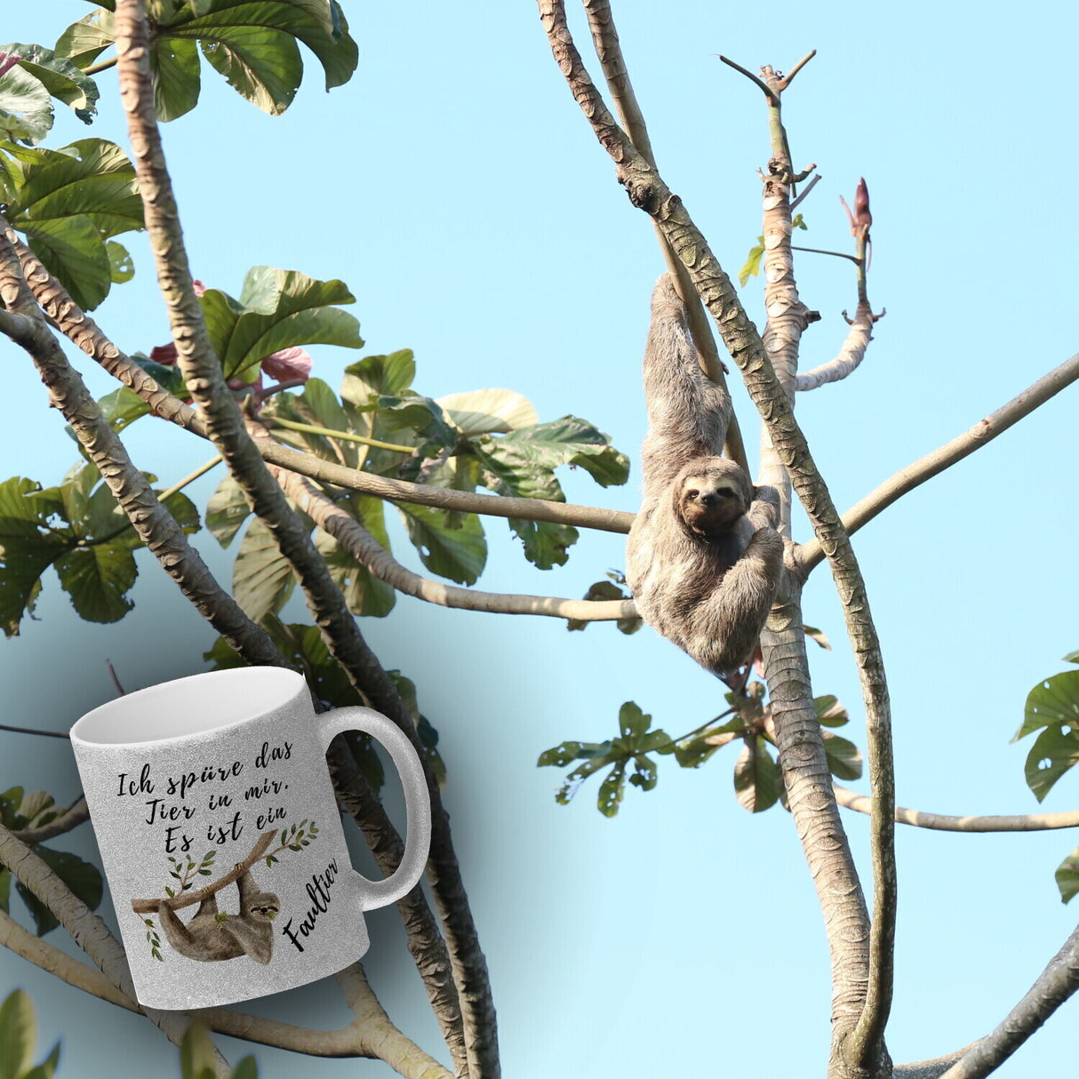 Faultier Kaffeebecher mit Spruch Ich spüre das Tier in mir