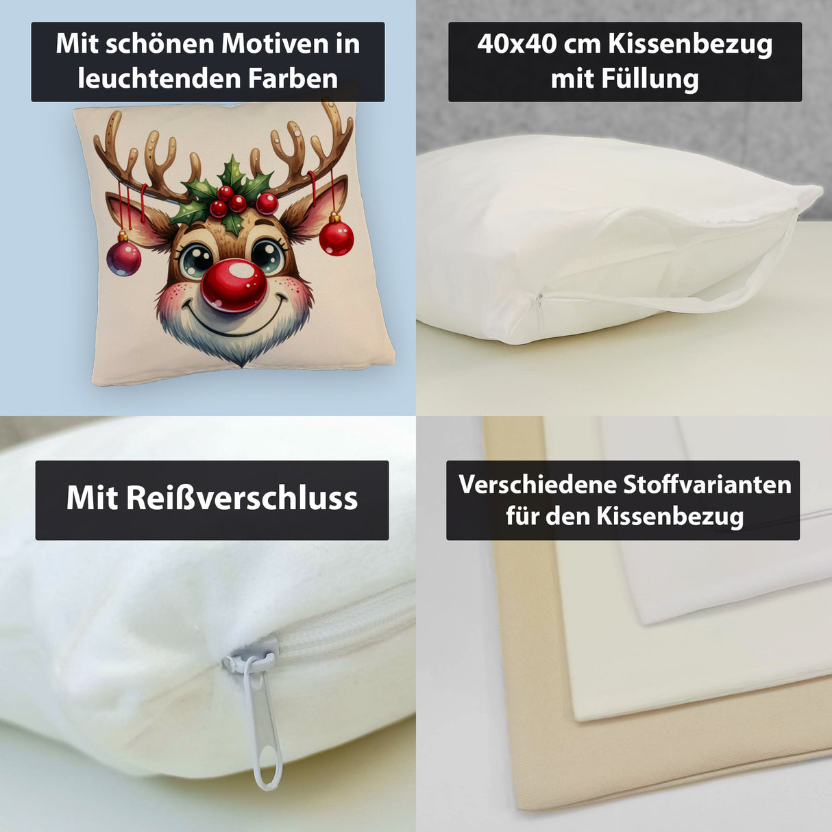 Rentier mit Weihnachtskugeln Kissen