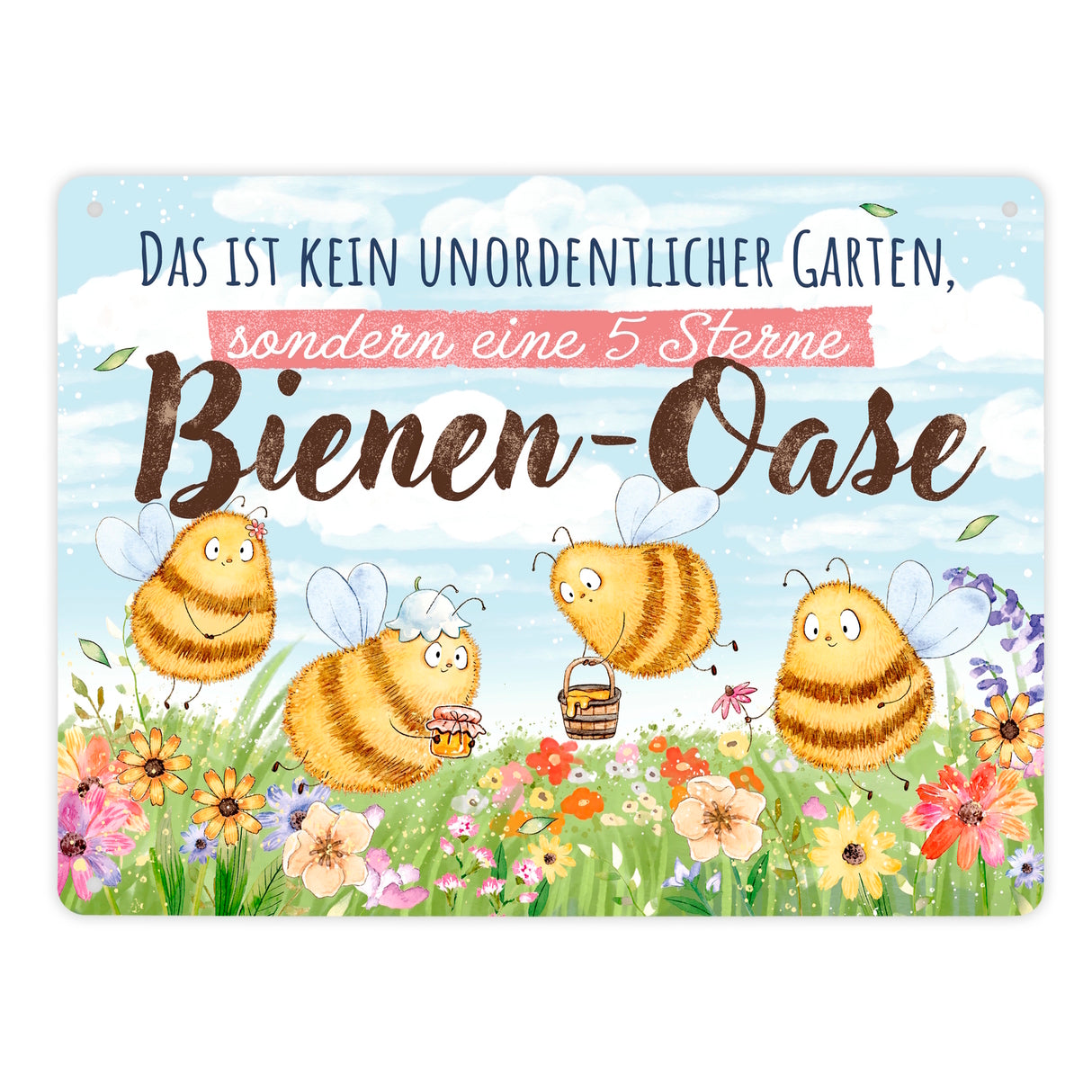 Pummel Biene Metallschild in 15x20 cm mit Spruch Bienen-Oase statt unordentlicher Garten