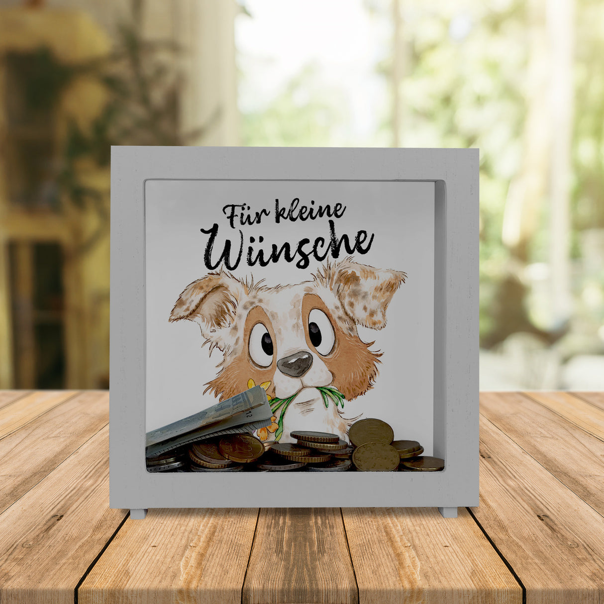 Hund Spardose mit Spruch Für kleine Wünsche
