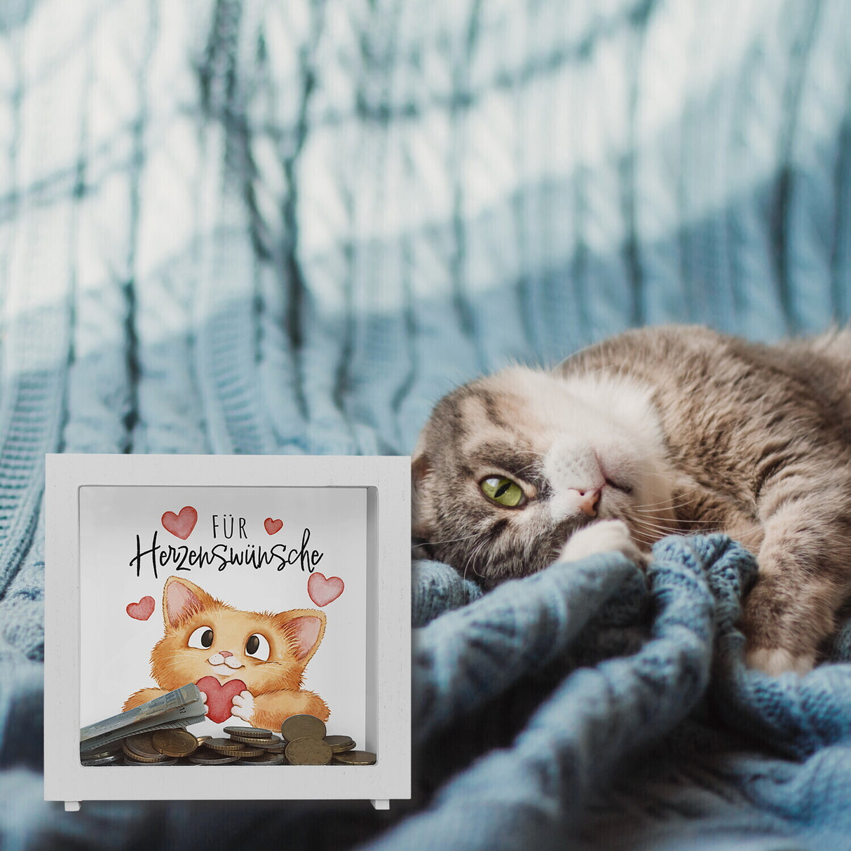 Katze Spardose mit Spruch Für Herzenswünsche