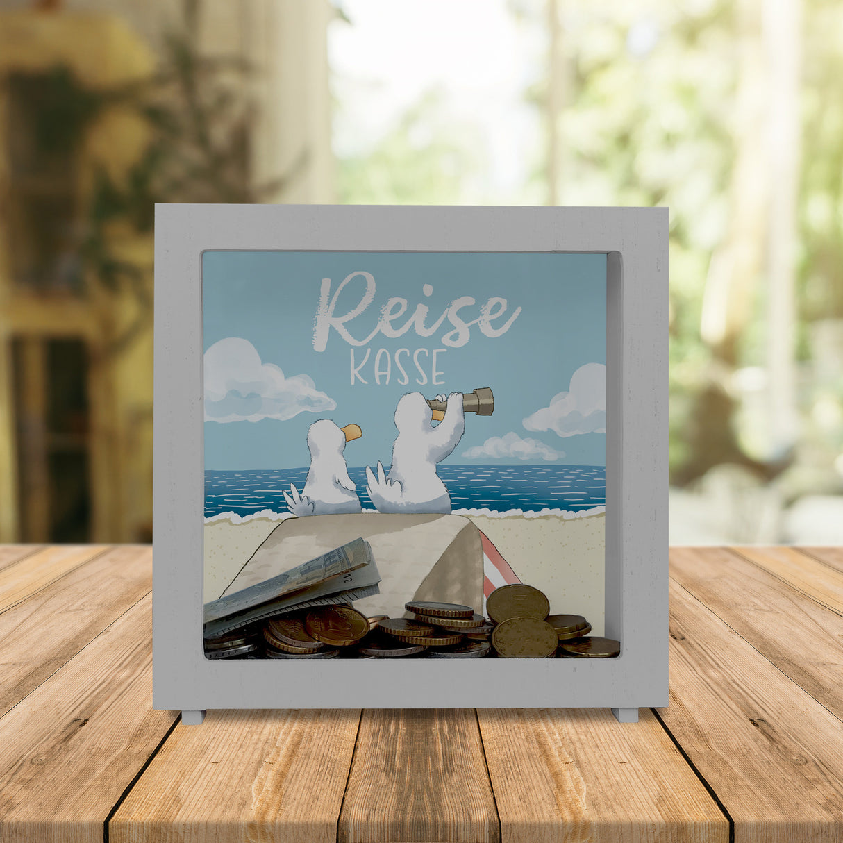 Möwen Spardose mit Spruch Reisekasse