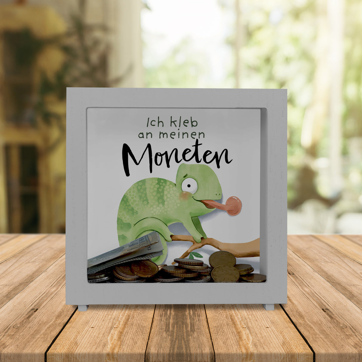 Chamäleon Spardose mit Spruch Ich kleb an meinen Moneten