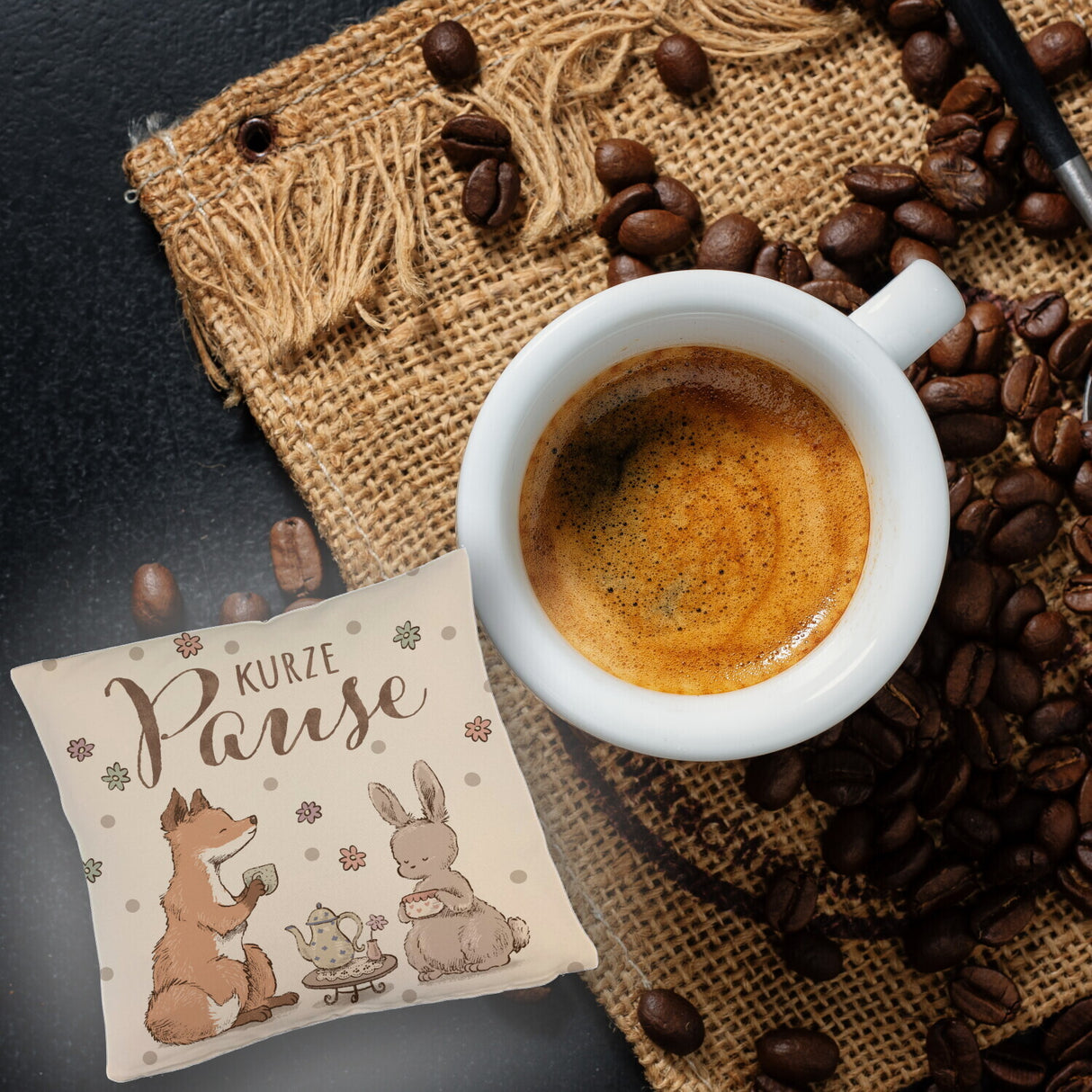Fuchs und Hase Kissen mit Spruch Kurze Pause