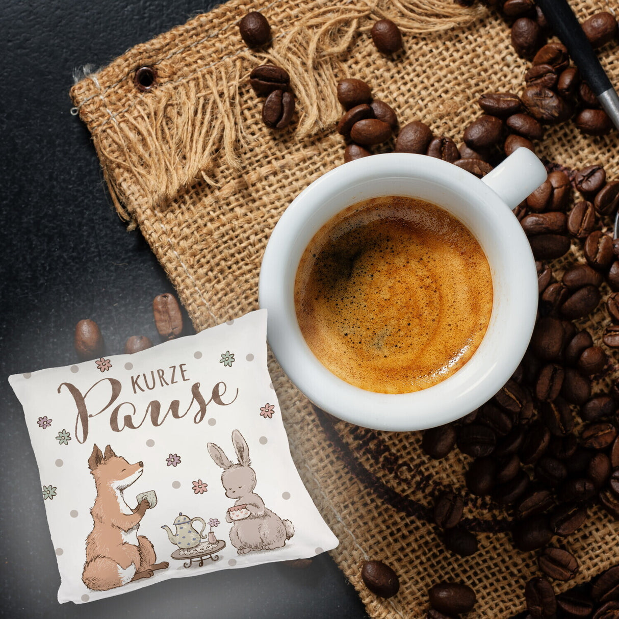 Fuchs und Hase Kissen mit Spruch Kurze Pause