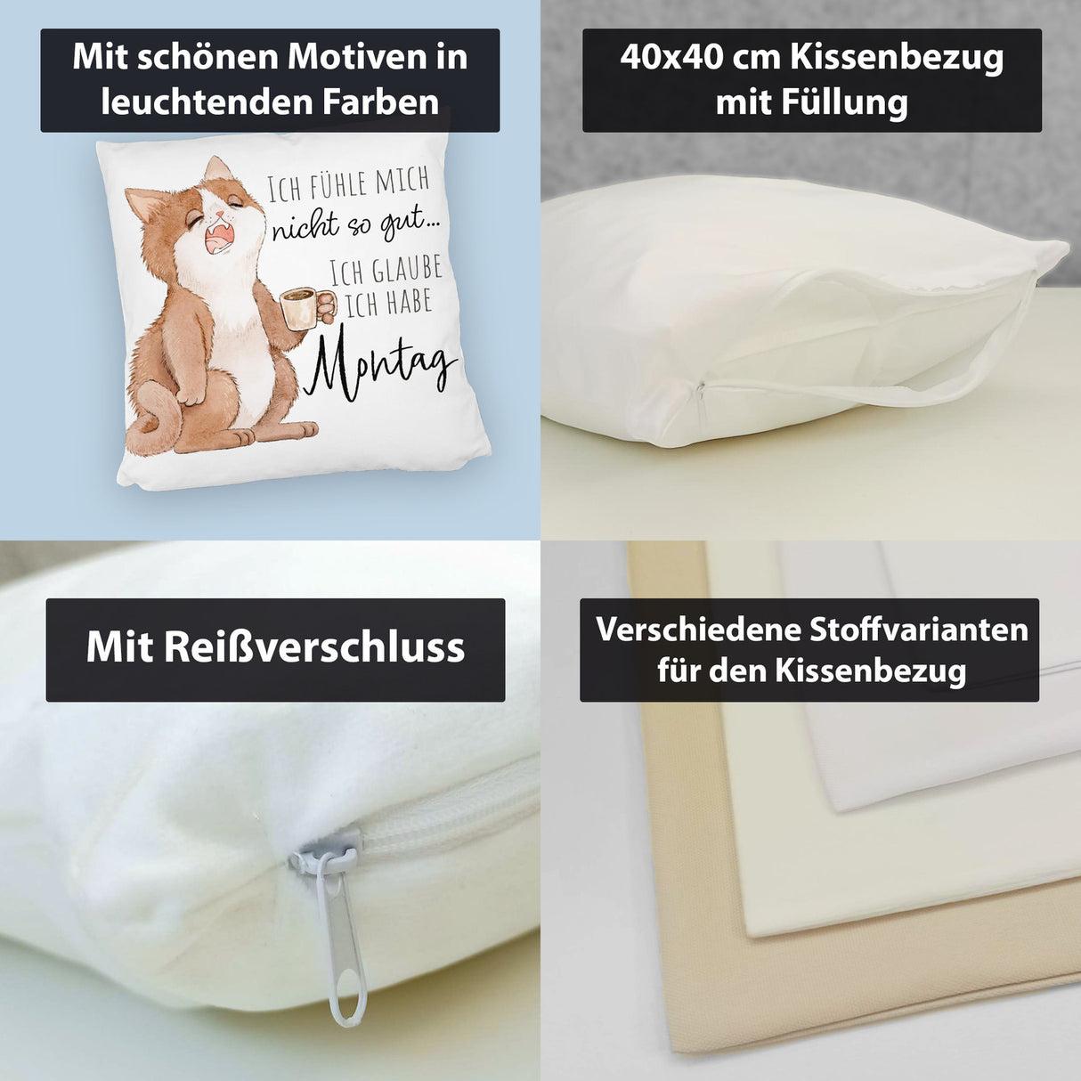 Katze Kissen mit Spruch Fühle mich nicht gut - habe Montag