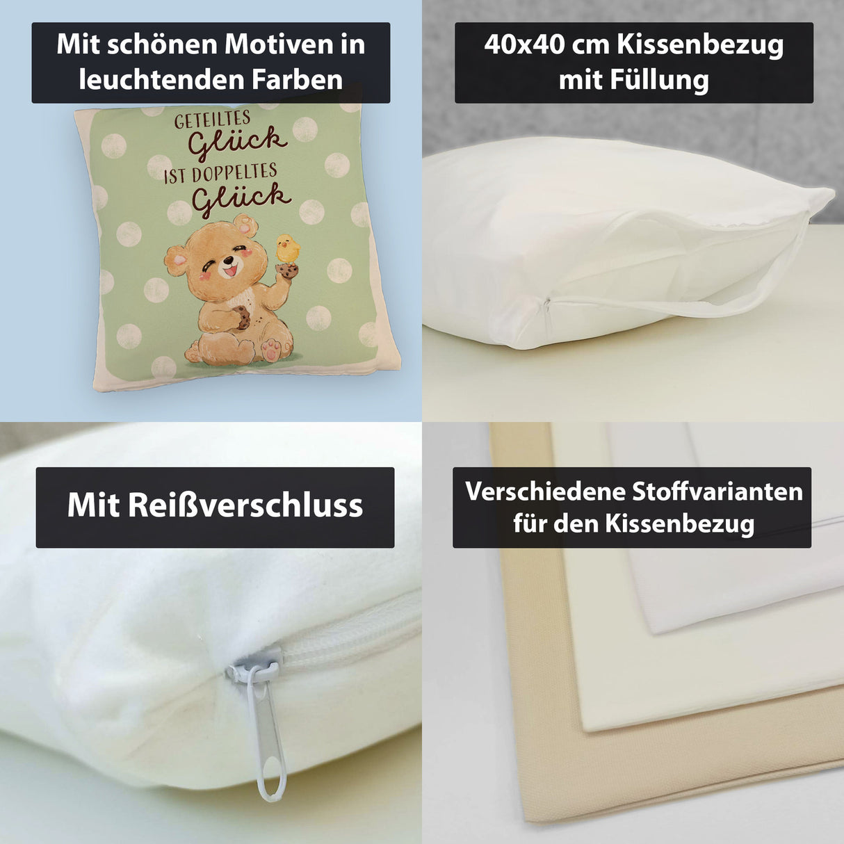 Bär Kissen mit Spruch Geteiltes Glück ist doppeltes Glück
