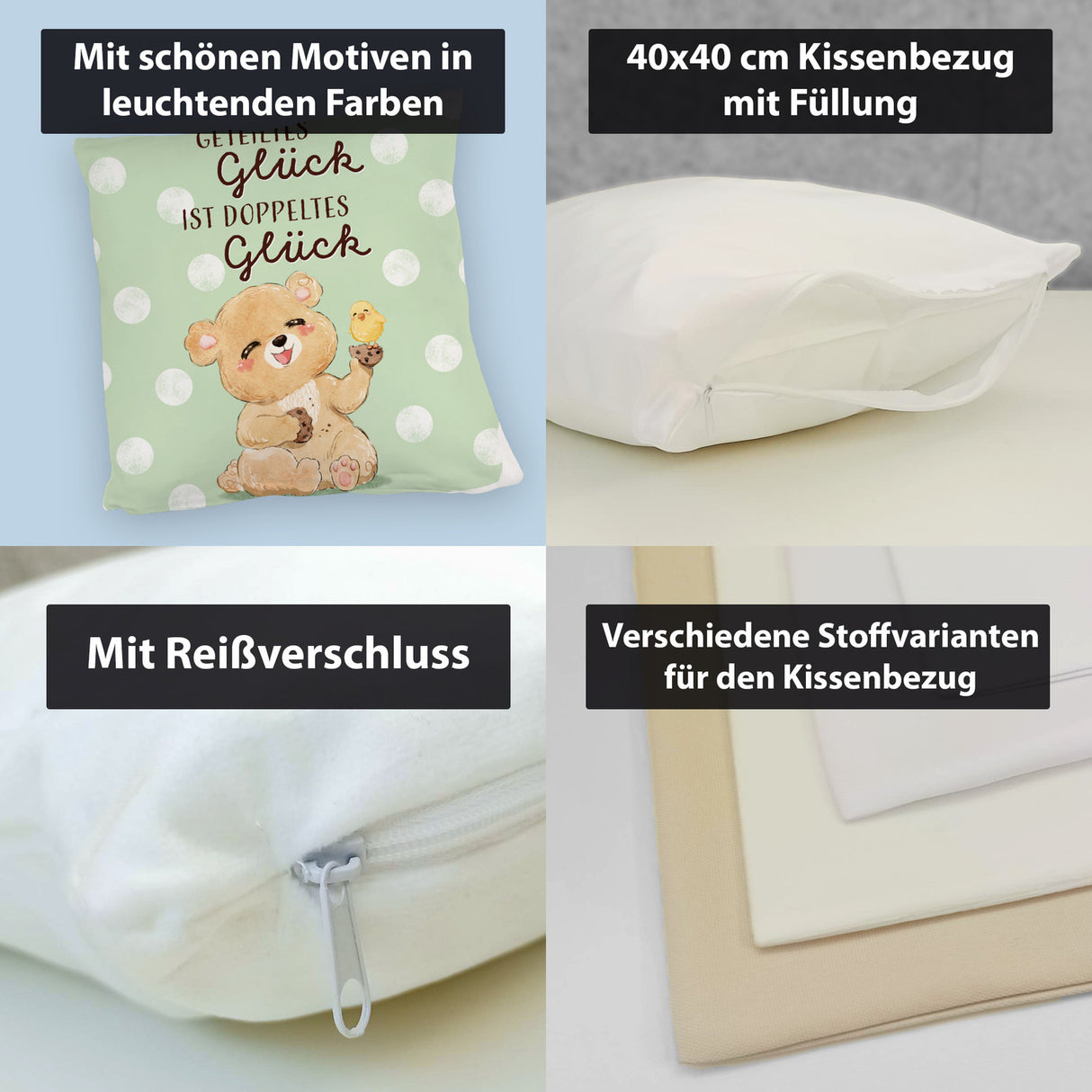 Bär Kissen mit Spruch Geteiltes Glück ist doppeltes Glück