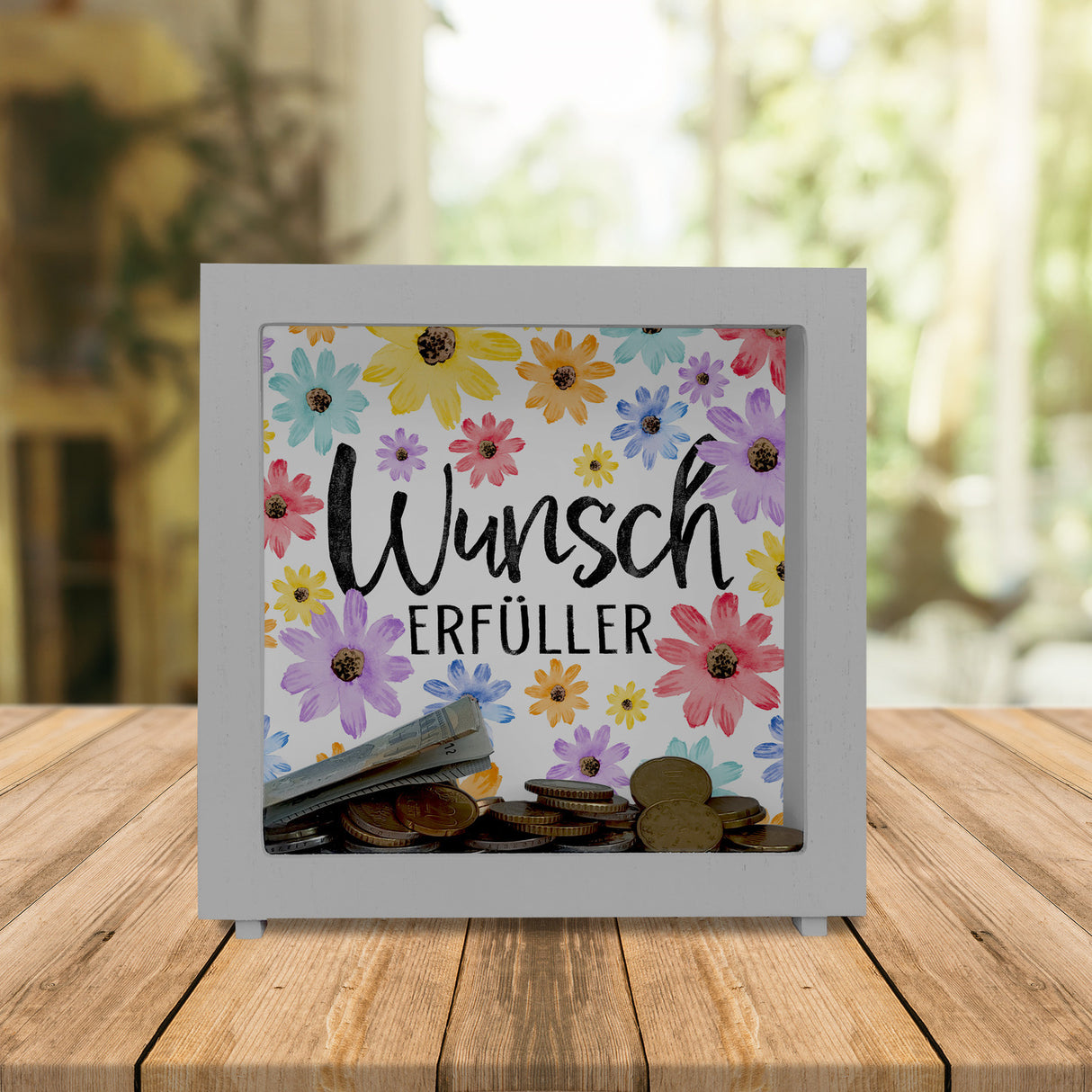 Blumen Spardose mit Spruch Wunscherfüller