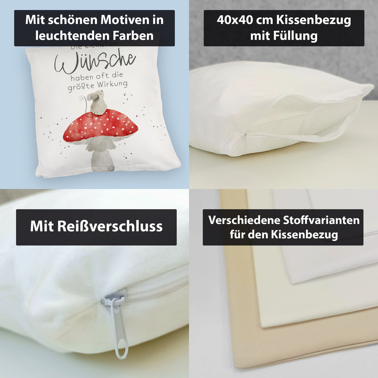 Maus auf Fliegenpilz Kissen mit Spruch Kleinste Wünsche größte Wirkung