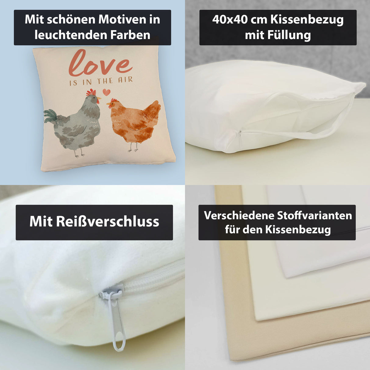 Hühner Kissen mit Spruch Love is in the air