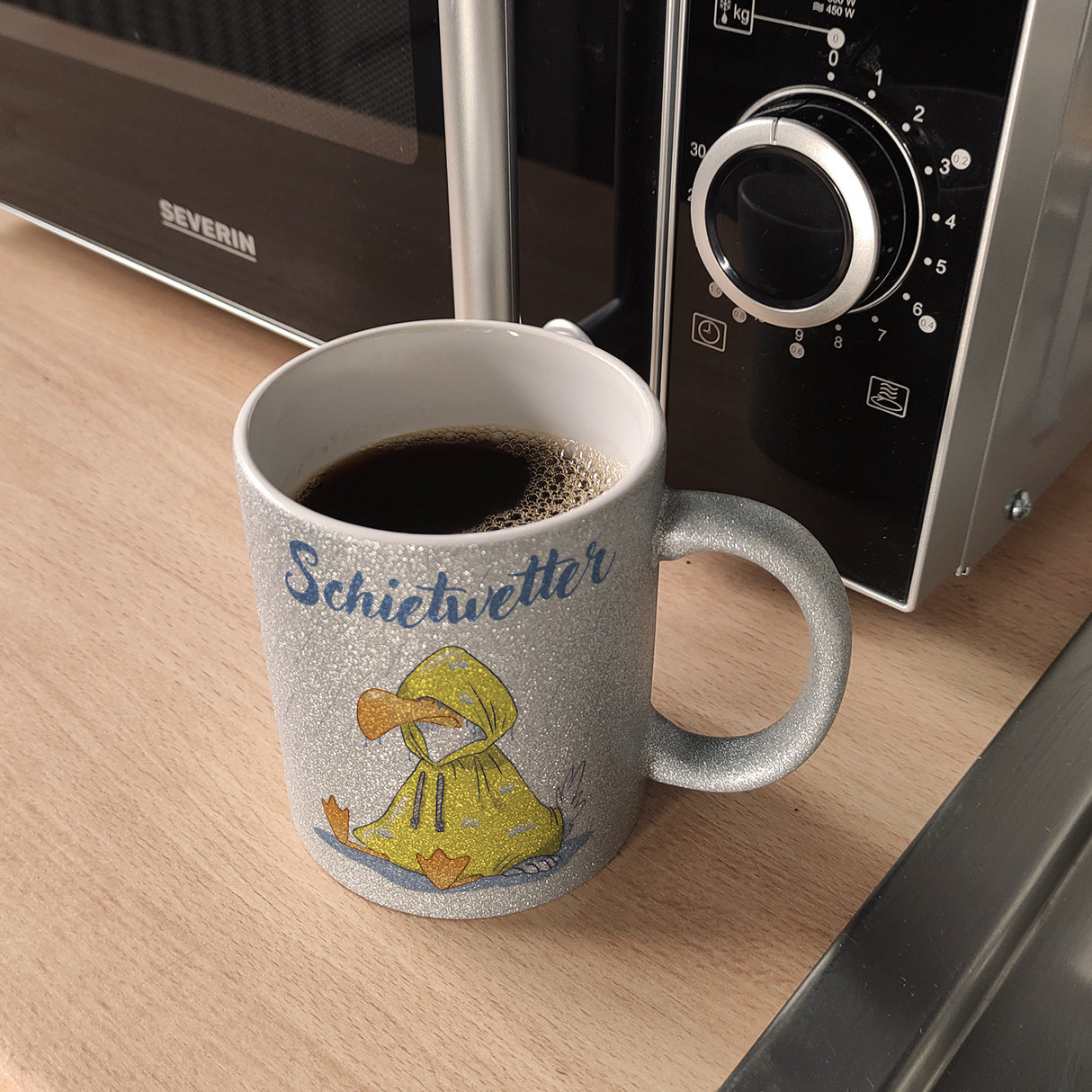 Möwe Kaffeebecher mit Spruch Schietwetter