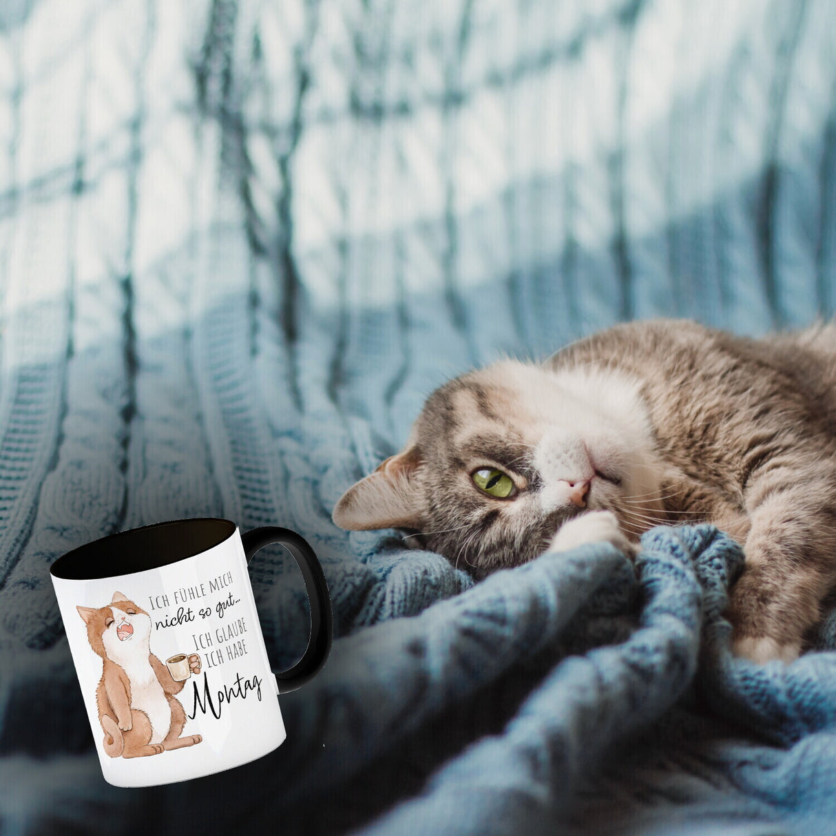 Katze Kaffeebecher mit Spruch Unwohlsein - Verdacht auf Montagsgefühl