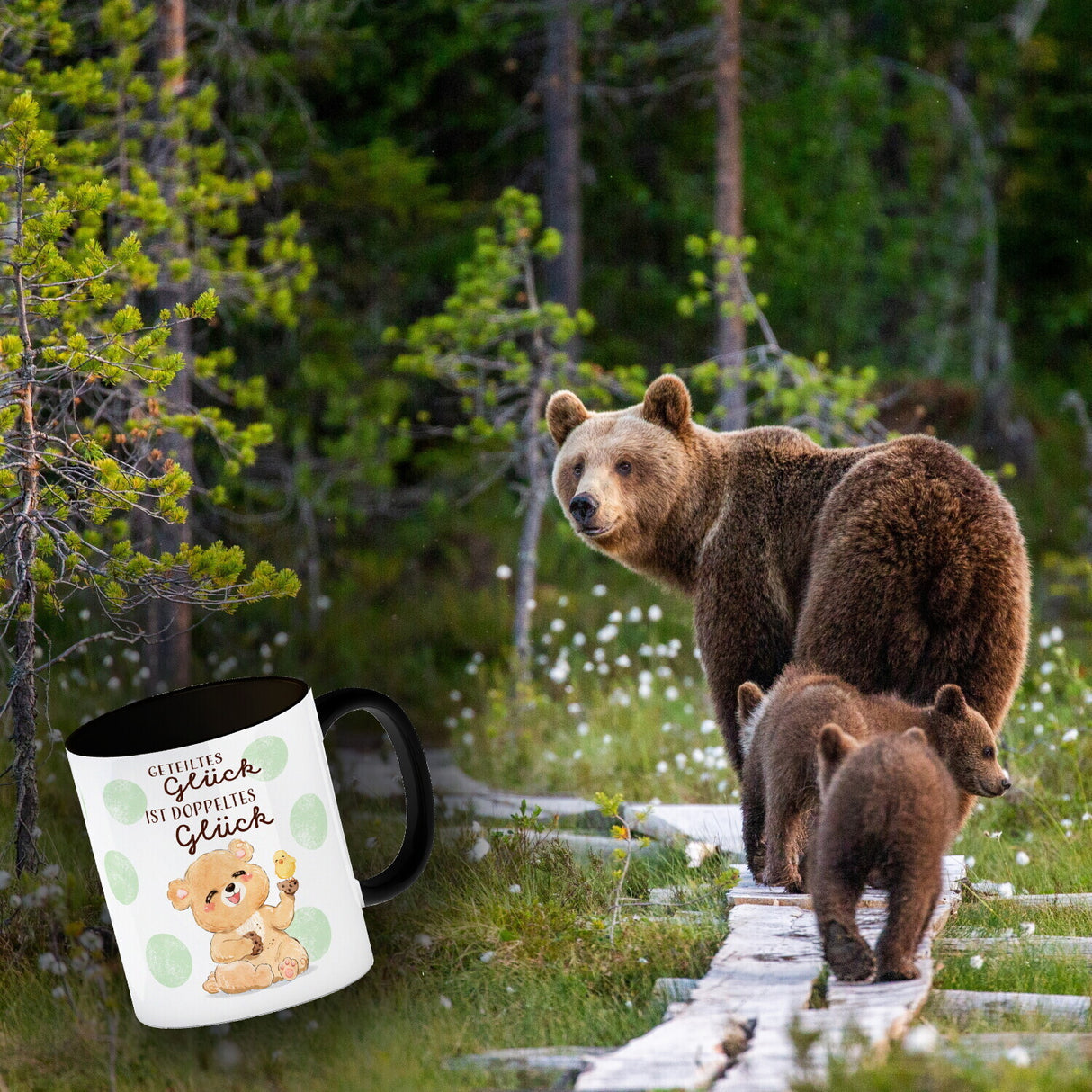Bär Kaffeebecher mit Spruch Geteiltes Glück ist doppeltes Glück