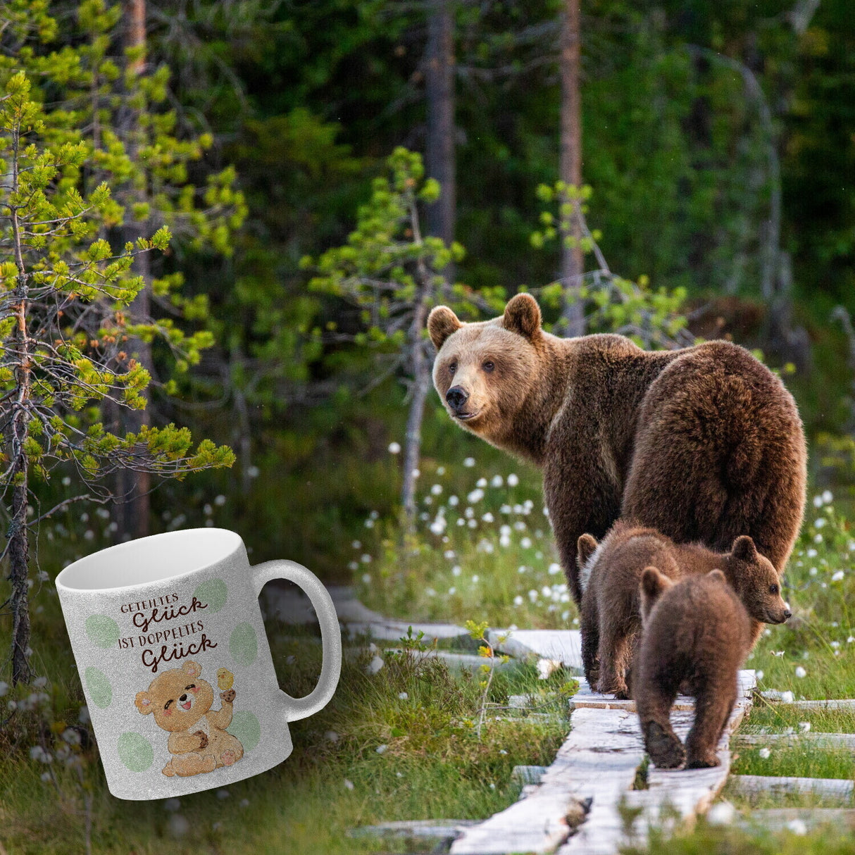 Bär Kaffeebecher mit Spruch Geteiltes Glück ist doppeltes Glück