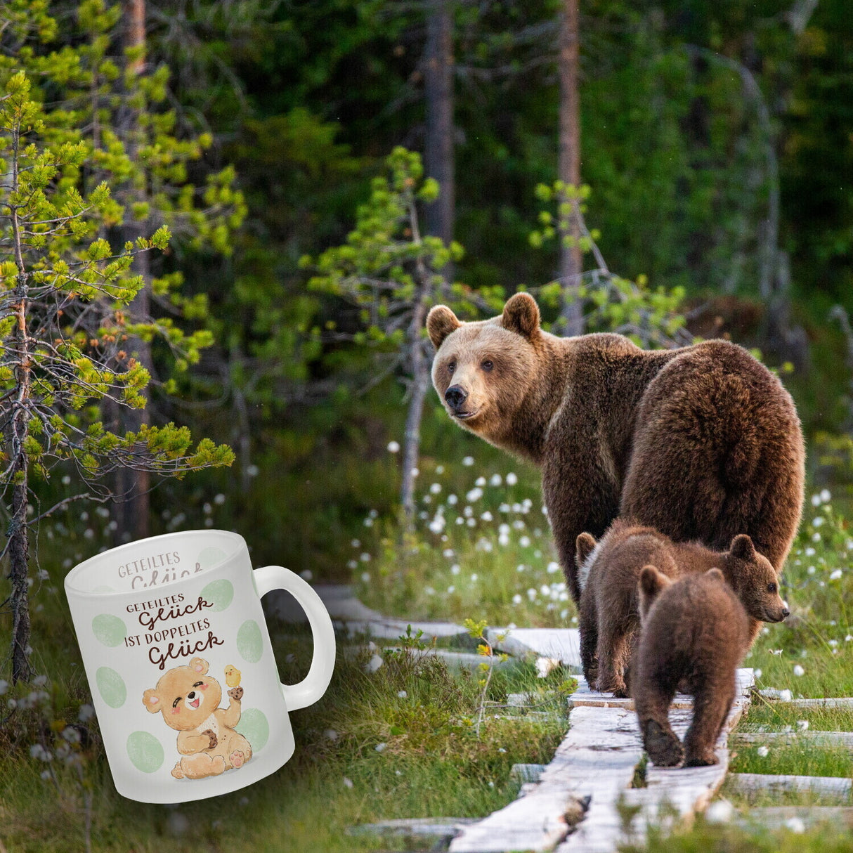 Bär Kaffeebecher mit Spruch Geteiltes Glück ist doppeltes Glück