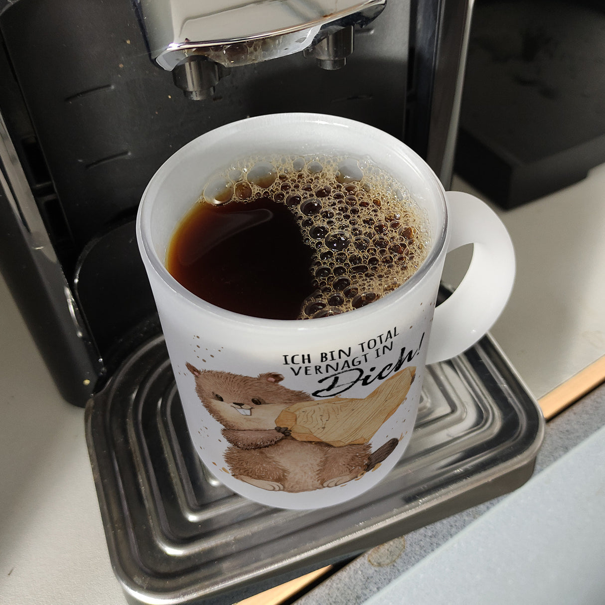 Biber Kaffeebecher mit Spruch Ich bin total vernagt in dich