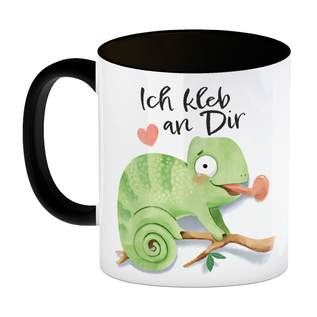Chamäleon Kaffeebecher mit Spruch Ich kleb an dir