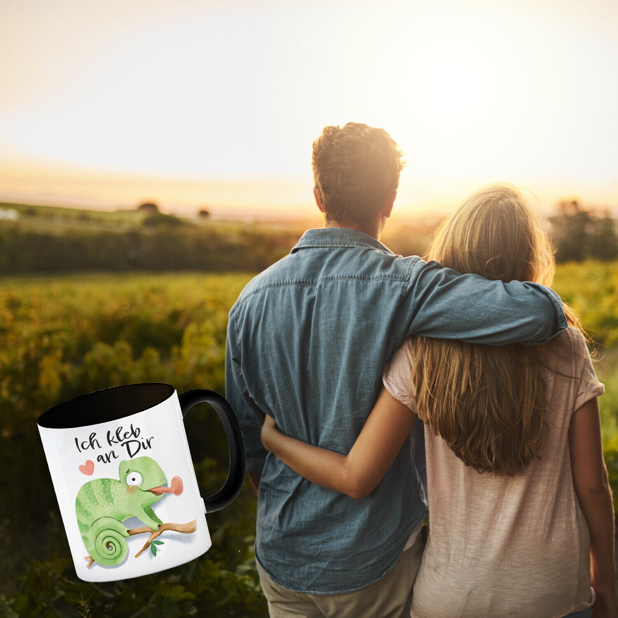 Chamäleon Kaffeebecher mit Spruch Ich kleb an dir