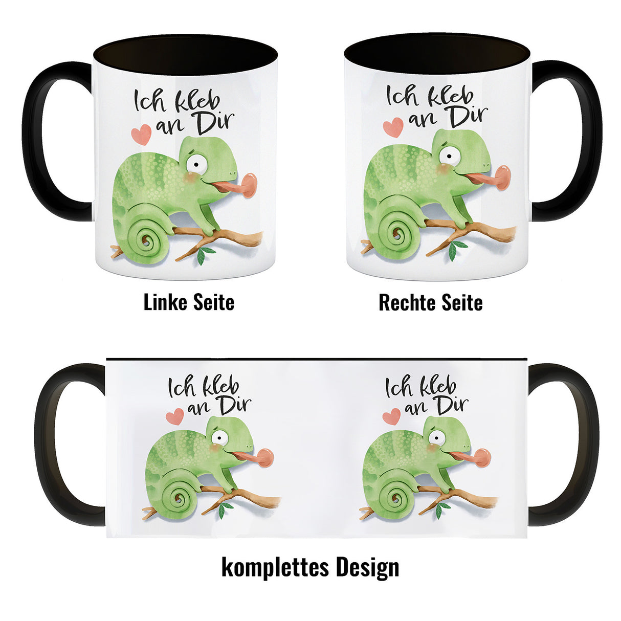 Chamäleon Kaffeebecher mit Spruch Ich kleb an dir
