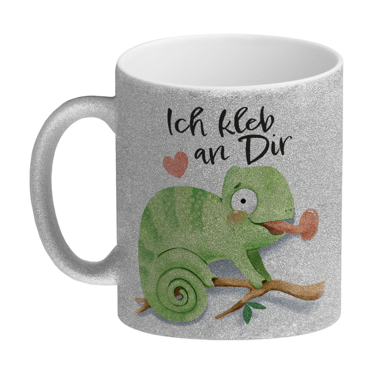 Chamäleon Kaffeebecher mit Spruch Ich kleb an dir