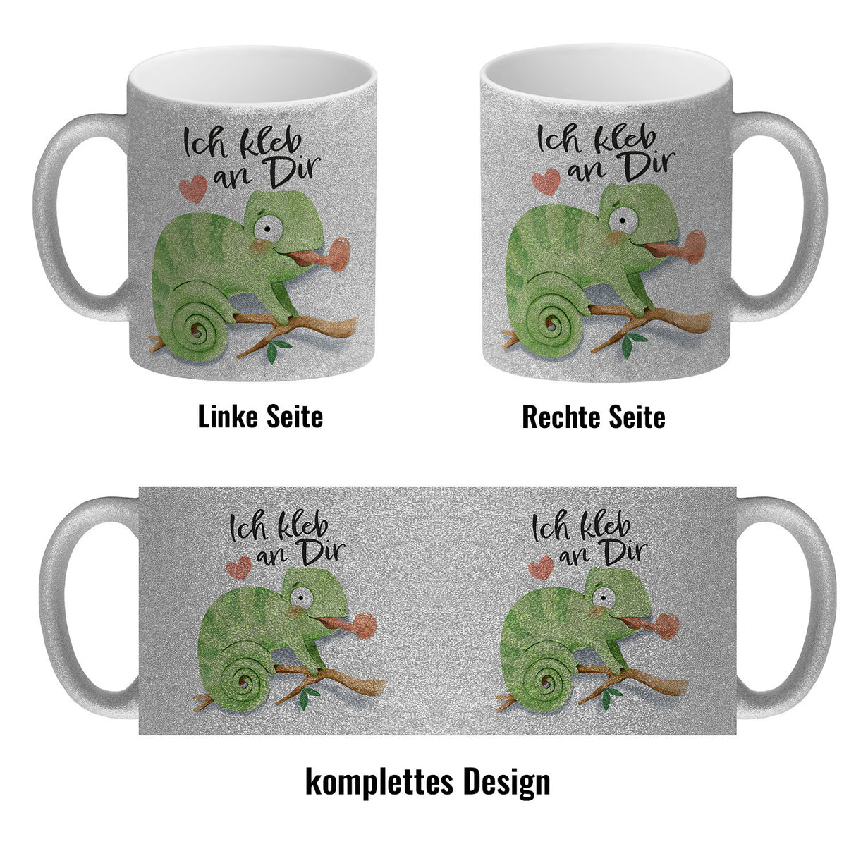 Chamäleon Kaffeebecher mit Spruch Ich kleb an dir